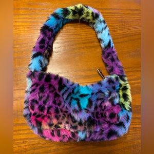 Rainbow Leopard Fluffy Handbag with Zipper